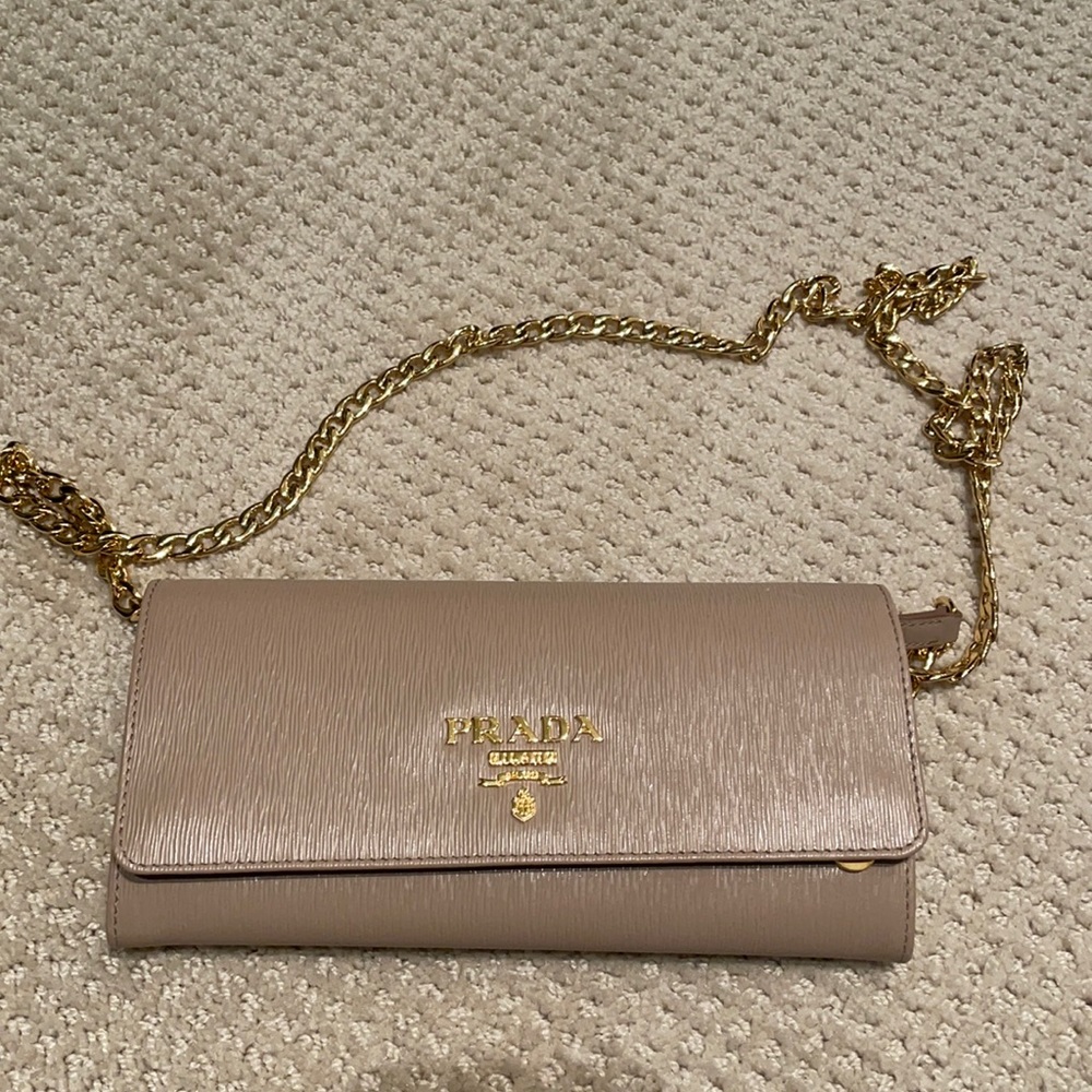 Prada Beige Wallet on Chain with Gold Hardware